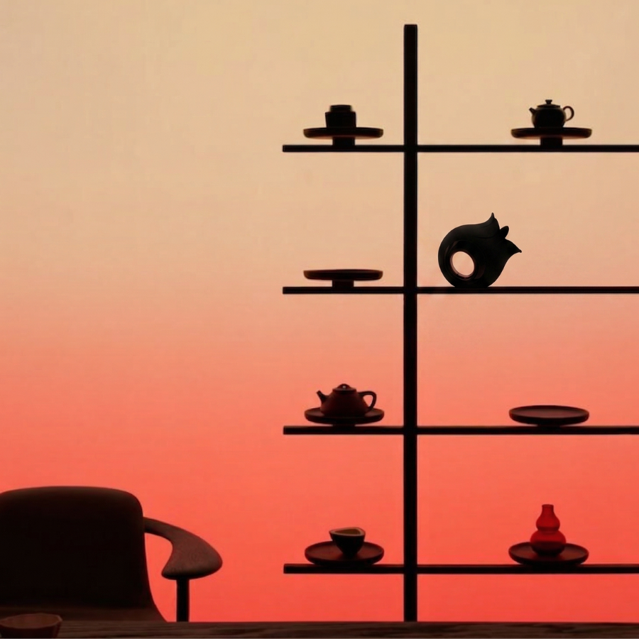 Silhouette of a shelf with decorative items against an orange wall