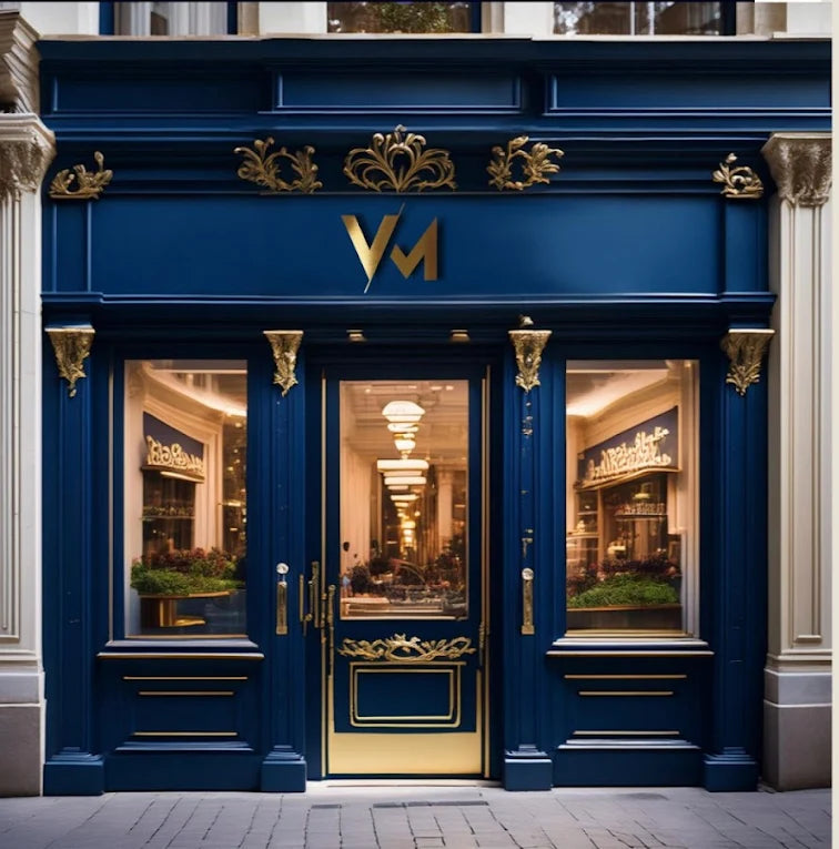 Promotional graphic for 'Vous Madame - Vous Monsieur' featuring a photograph of an elegant, classic Parisian-style boutique with a deep blue facade and gold trim on the left, and French promotional text on a beige background on the right.